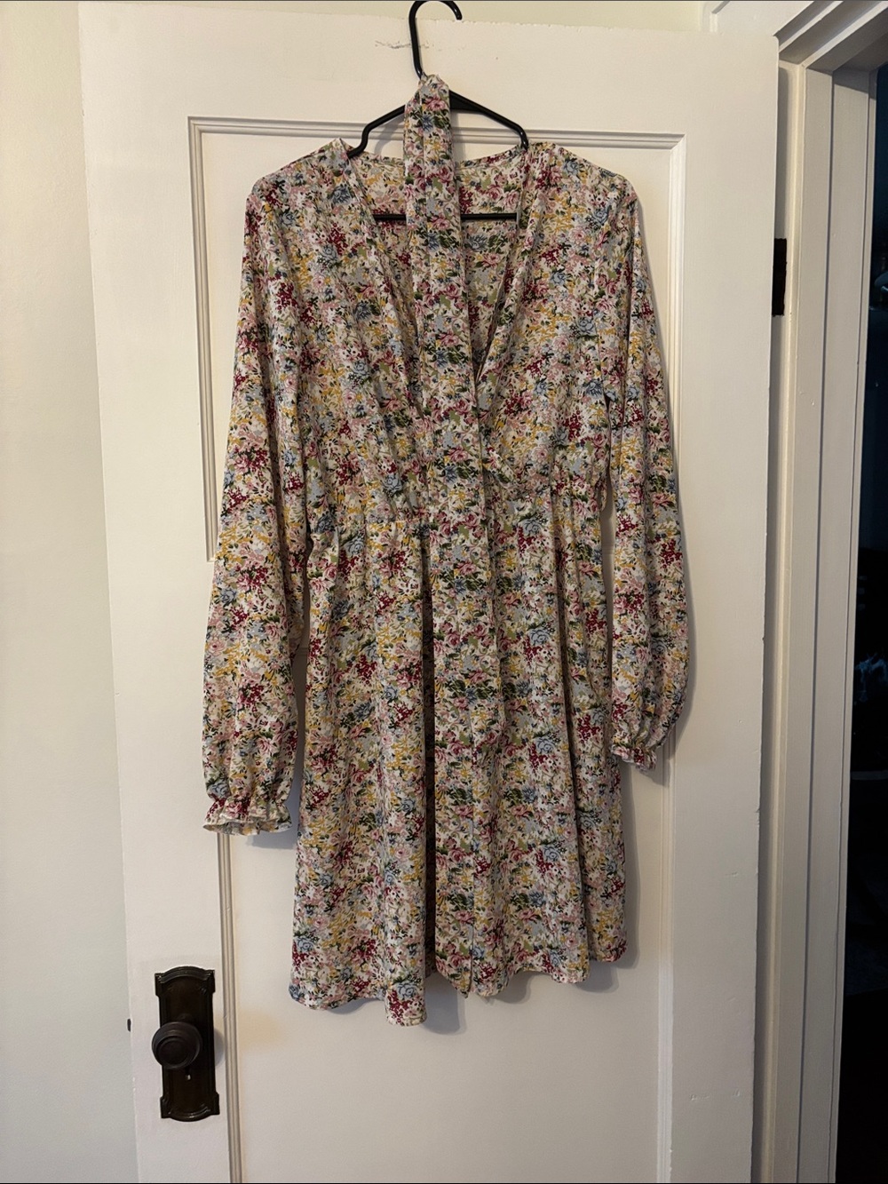 Floral V-Neck Long Sleeve Mini Dress - White Multi